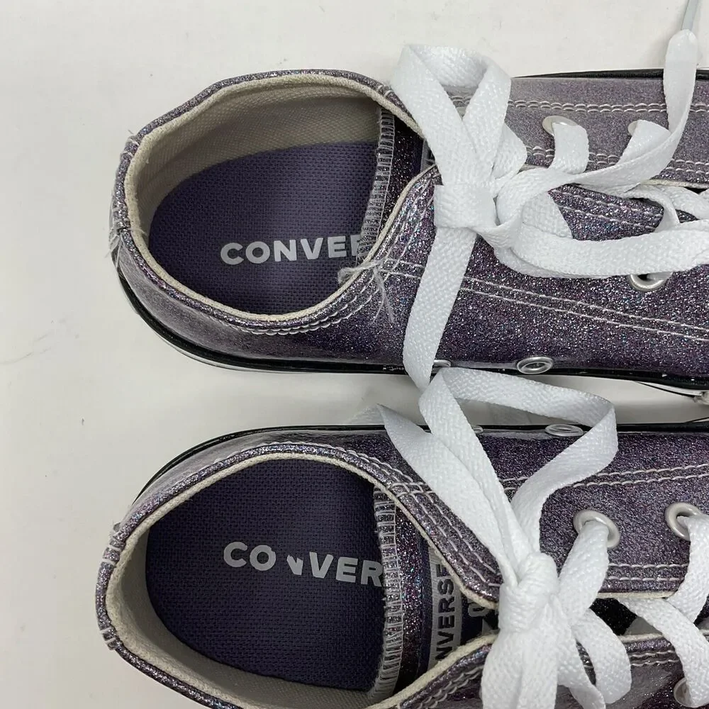 Converse All Star Low Top Sneakers Youth Girls Sz 3 Purple Glitter Sparkle Shoes